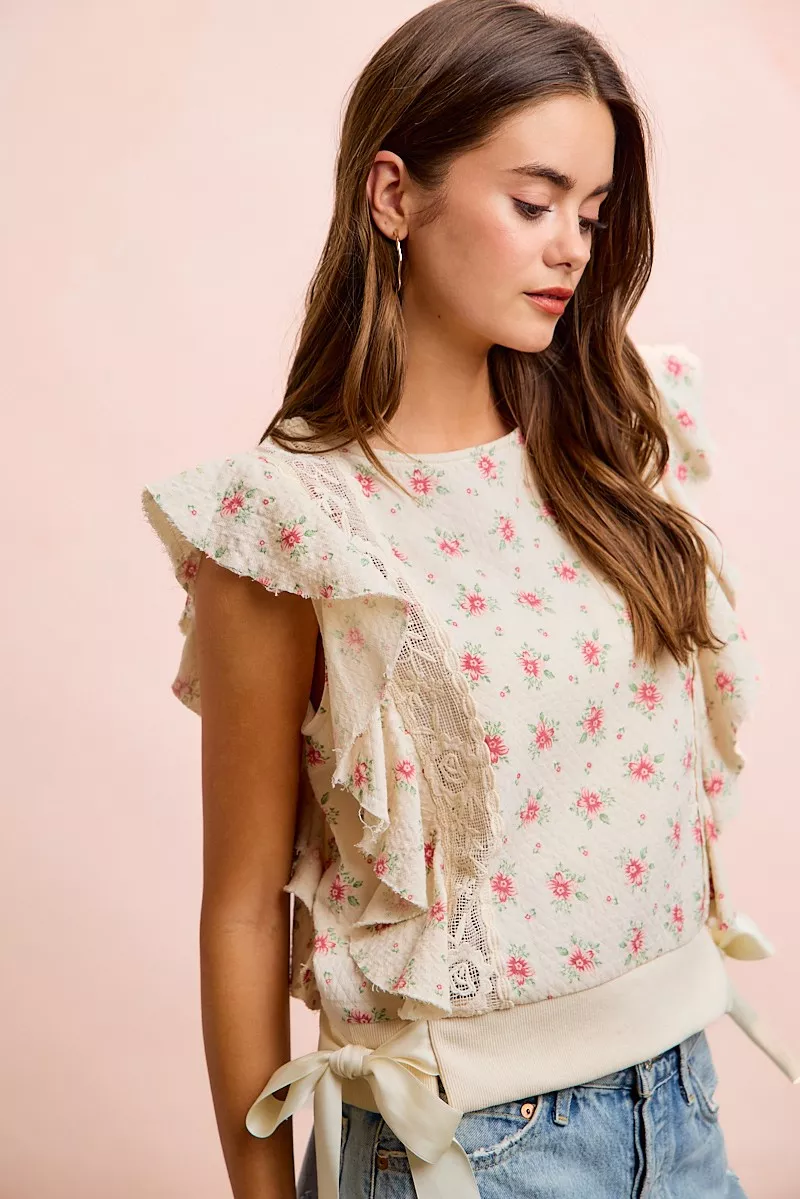 BiBi Flower Printed Ruffle Sleeve Trim Detail Top, image 45