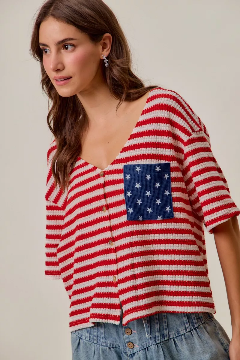Stripe Waffle Knit Fourth Of July Cardigan Top, image 5