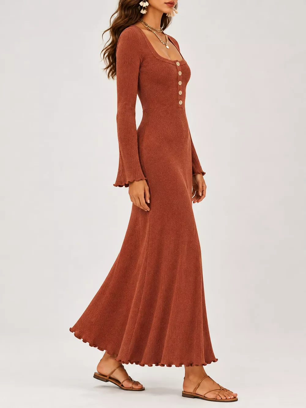Button-Front Ribbed Knit Maxi Dress, image 3