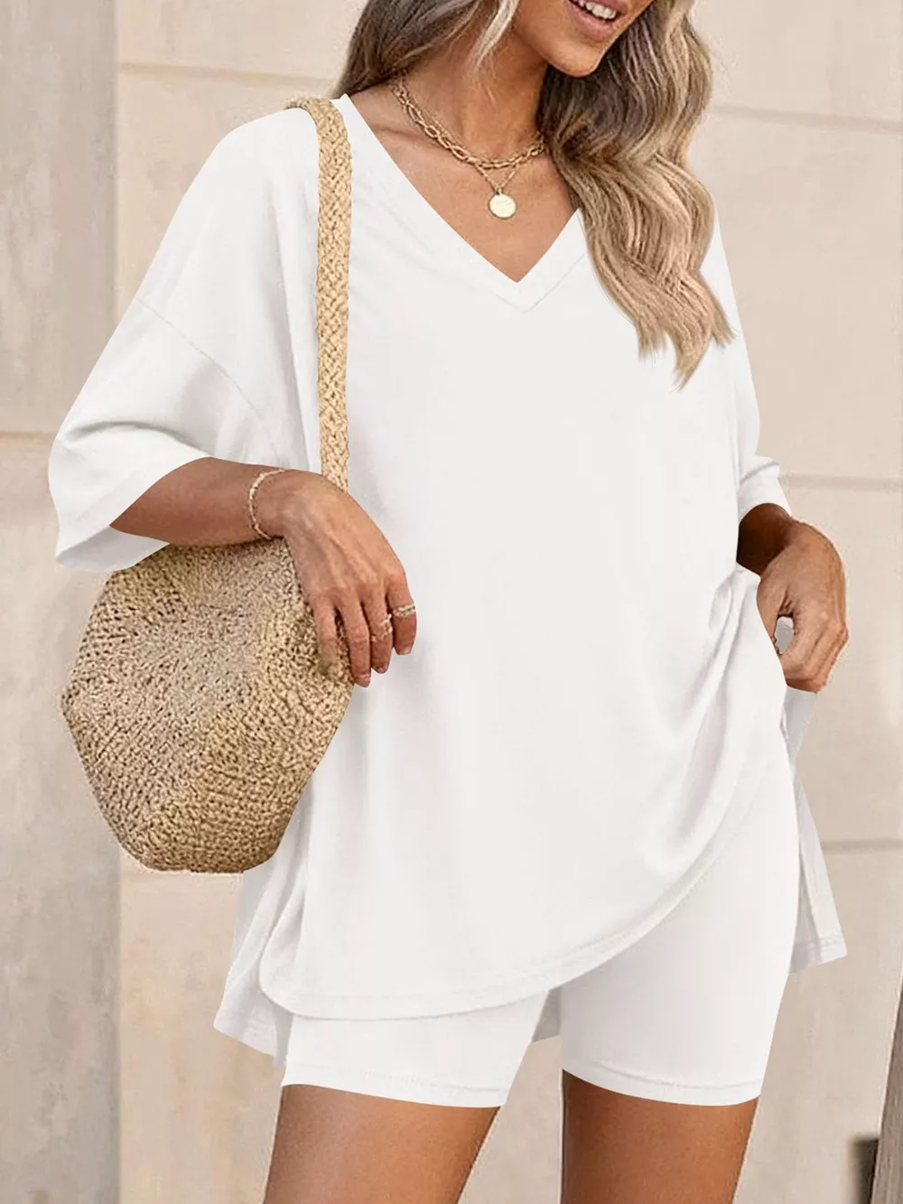 Full Size Casual Loose V-Neck T-Shirt & Shorts Set Plus Size, image 3