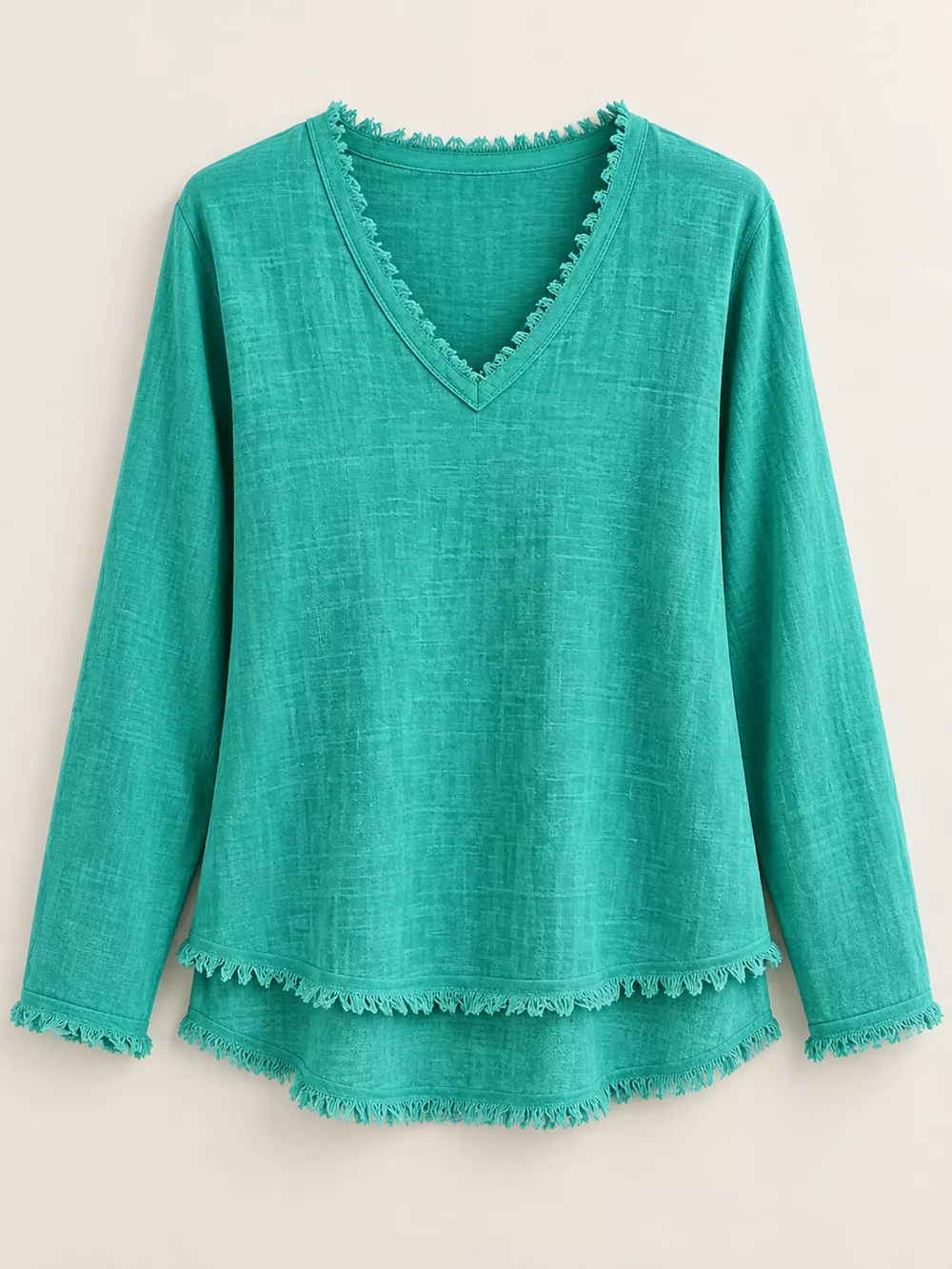 Full Size Frayed Hem V-Neck Long Sleeve Blouse Plus Size, image 44