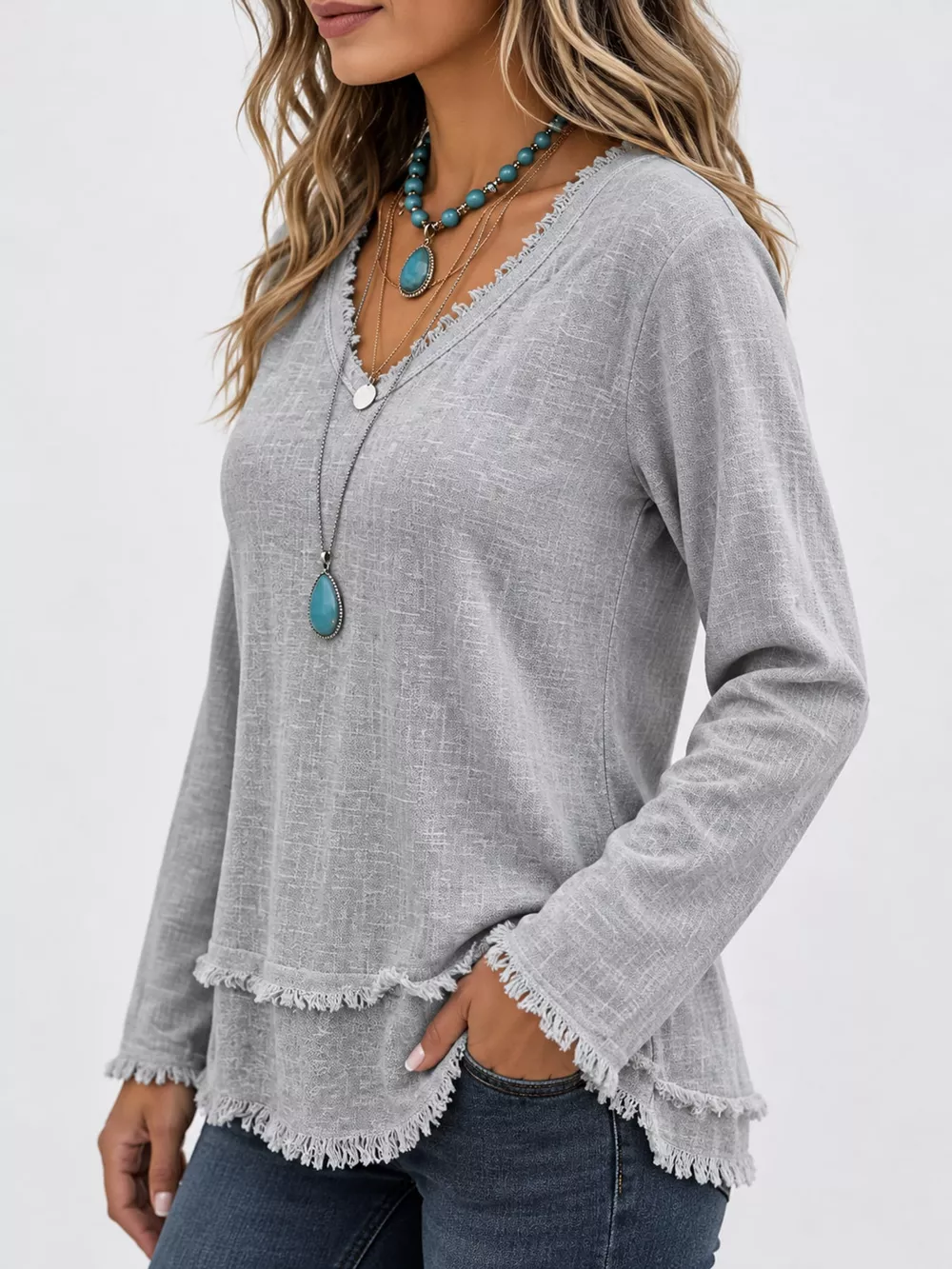 Full Size Frayed Hem V-Neck Blouse Plus Size, image 7