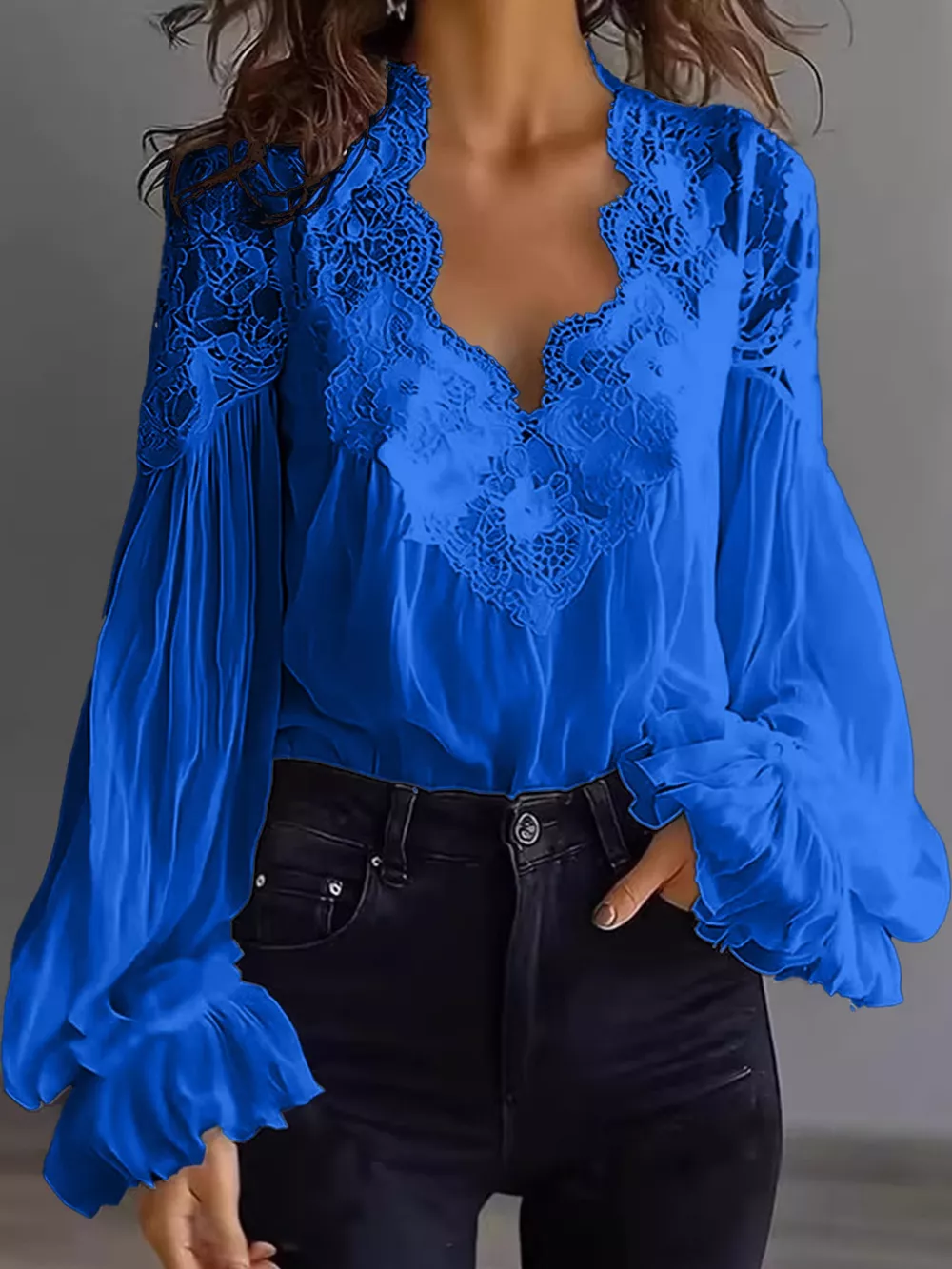 Full Size Lace V-Neck Flounce Sleeve Blouse Plus Size, image 31