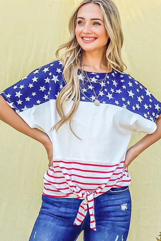 American Flag Print Tie Knot Front Casual Top, image 5