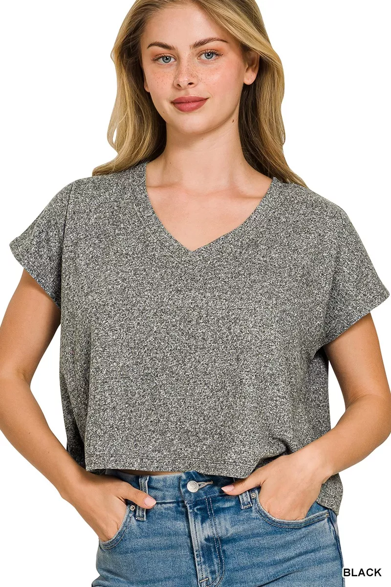 Soft Melange V-neck Drop Shoulder Cropped Top