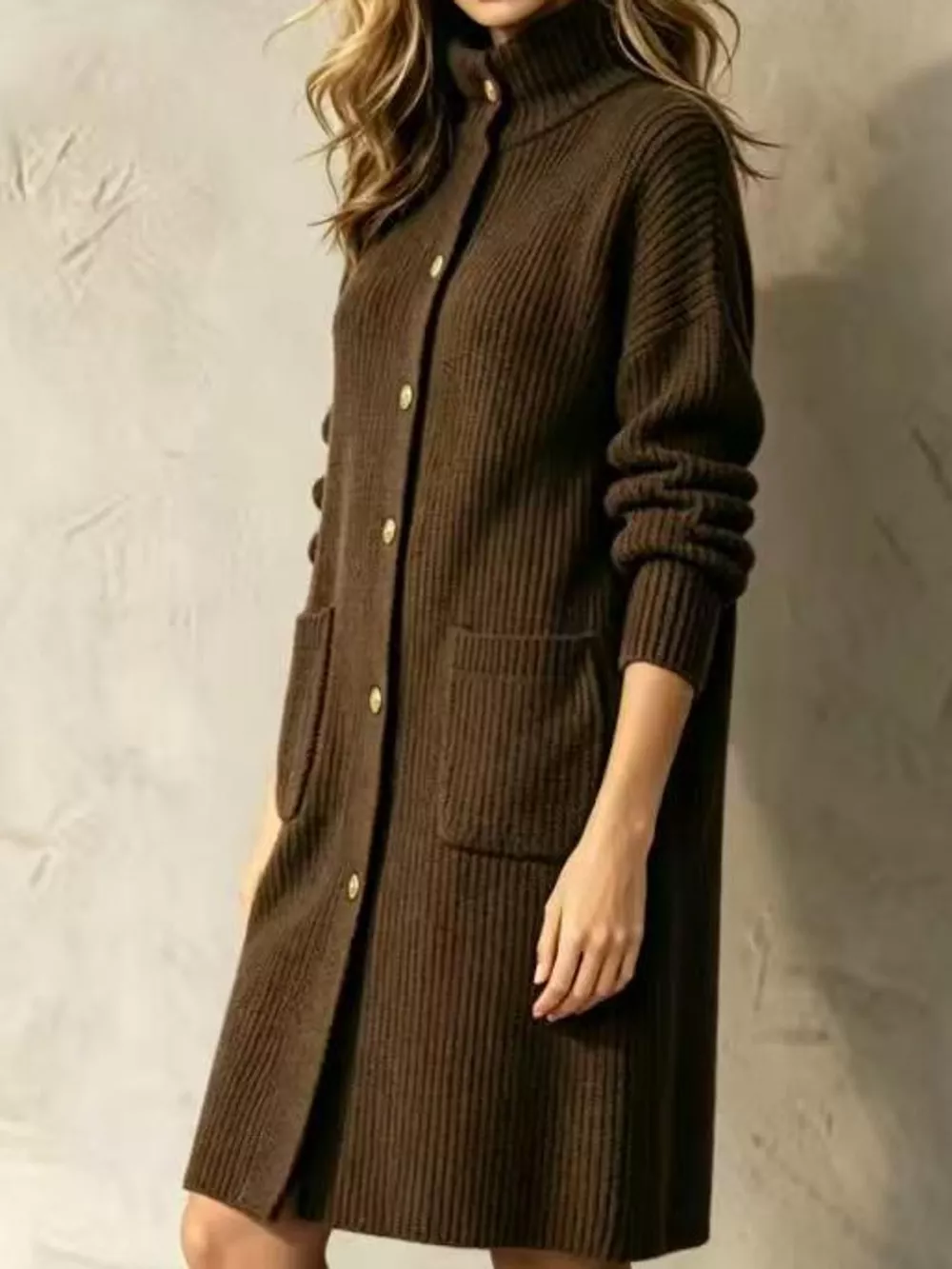 Ribbed Knit Turtleneck Button Up Longline Cardigan, image 3