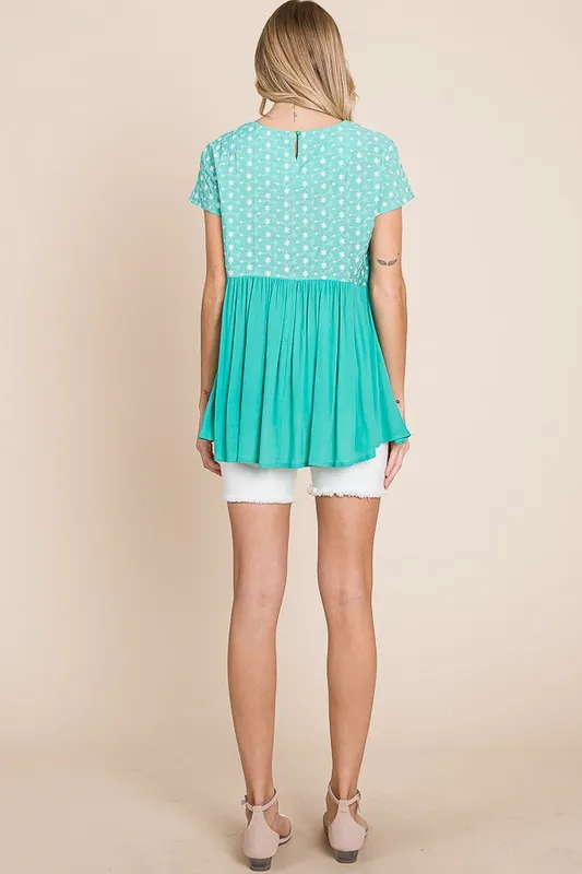 Full Size Embroidered Short Sleeve Pleated Babydoll Top Plus Size, image 10