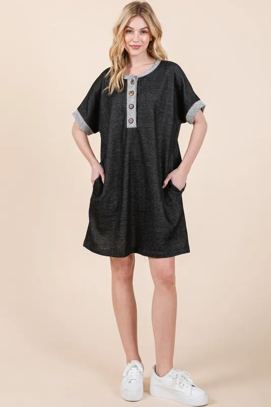 Casual Contrast Trim Henley Dress, image 4