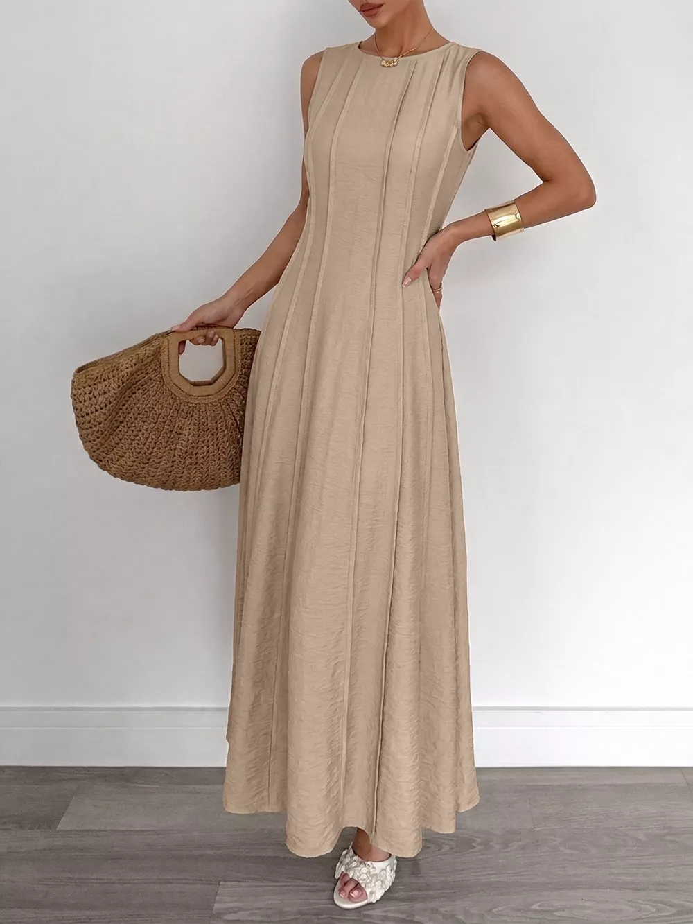 Round Neck Sleeveless Texture Maxi Dress, image 4