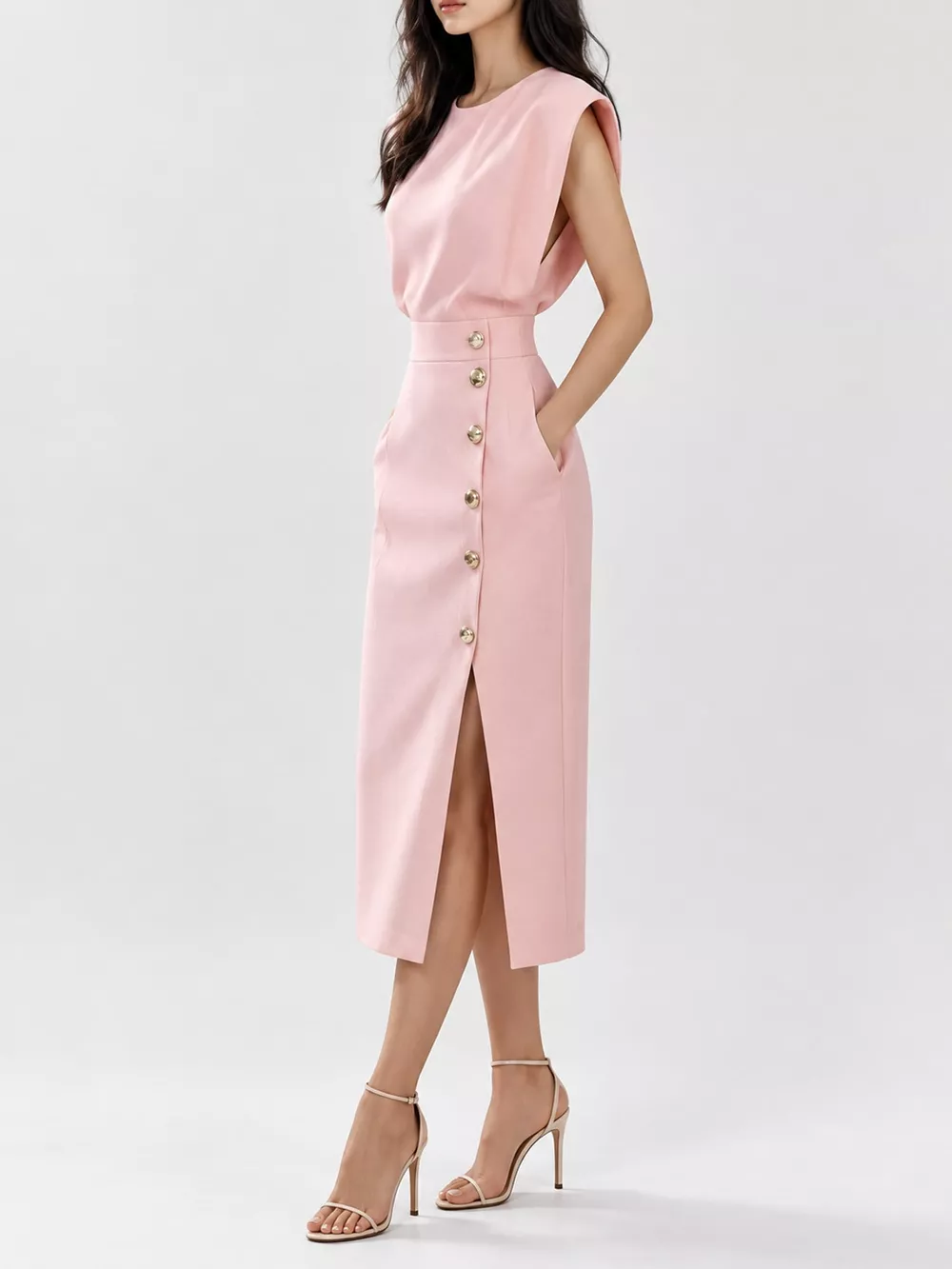 Sleeveless Midi Dress with Gold Button Detail and Side Slit, image 12