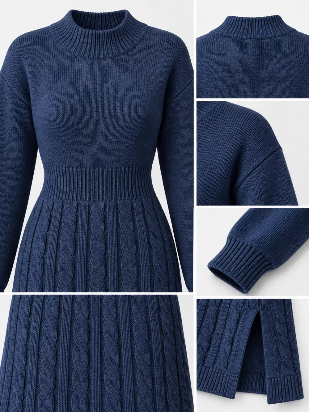 Full Size Mock Neck Cable Knit Sweater Dress with Front Slit Plus Size, image 54