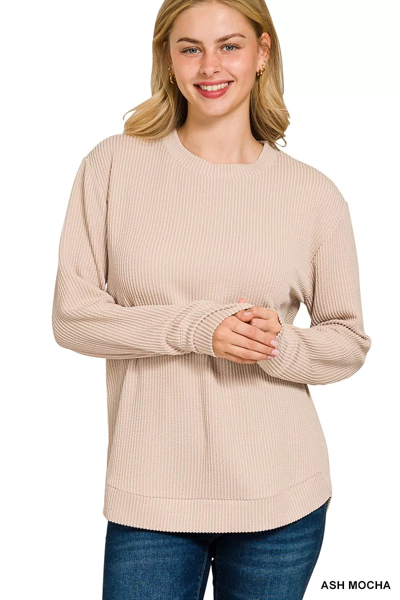 Full Size Raised Rib Round Neck Long Sleeve Top Plus Size, image 2