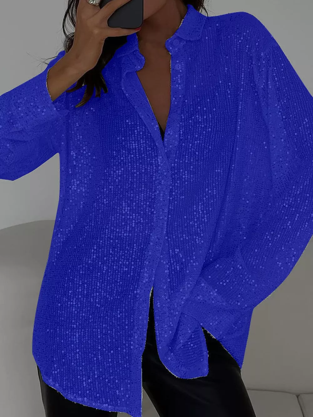 Full Size Sequin Button-Down Shirt Plus Size, image 45