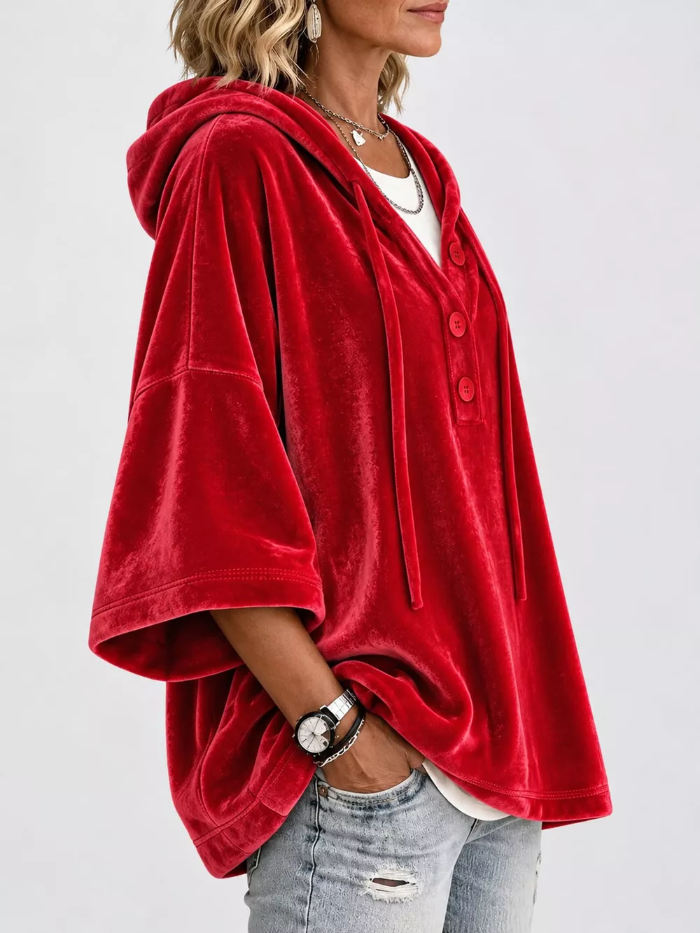 Full Size Velvet Button Detail Hoodie Plus Size, image 14