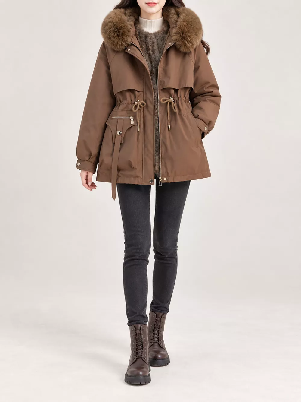 Plus Size Faux Fur Hooded Drawstring Waist Winter Parka Outerwear, image 2
