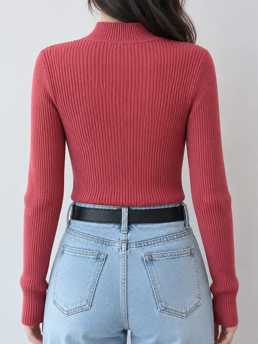 Elegant Slim-Fit Ribbed Mock Neck Knit Top, image 65