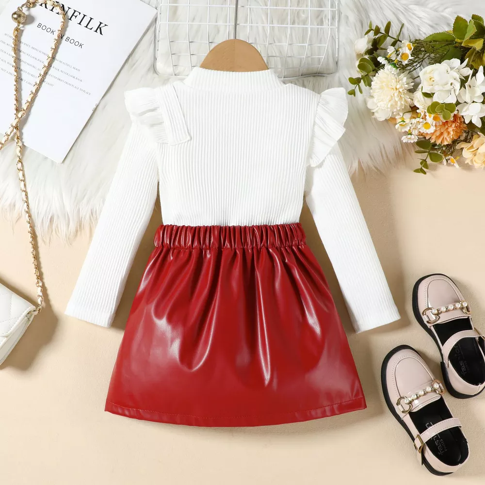 Children's Ruffled Trim Ribbed Top & Faux Leather Skirt Set, image 8