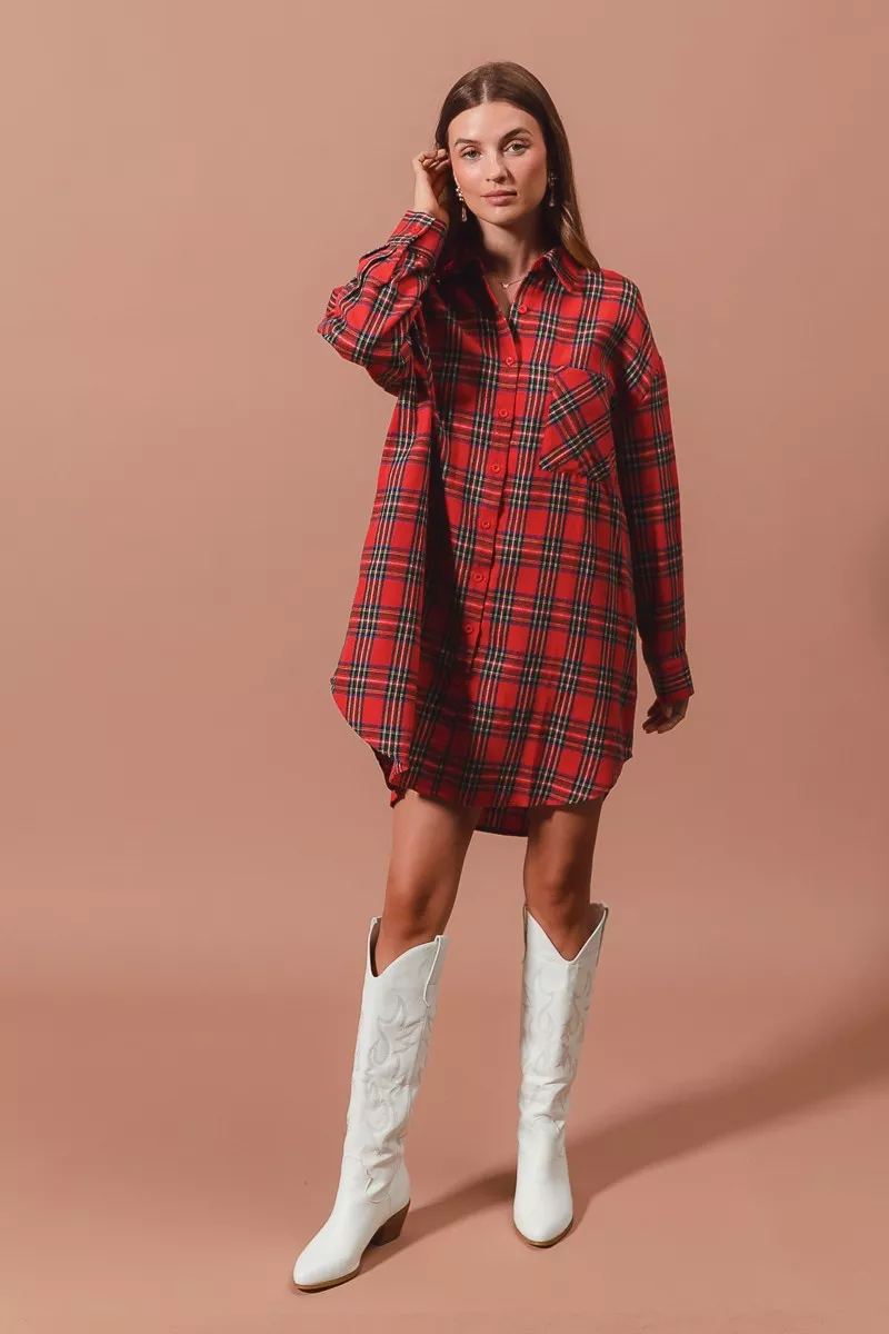 Christmas Checker Plaid Button Up Shirt Dress, image 11