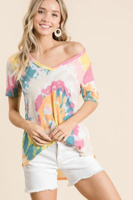Circular Tie Dye Print V Neck Top, image 4