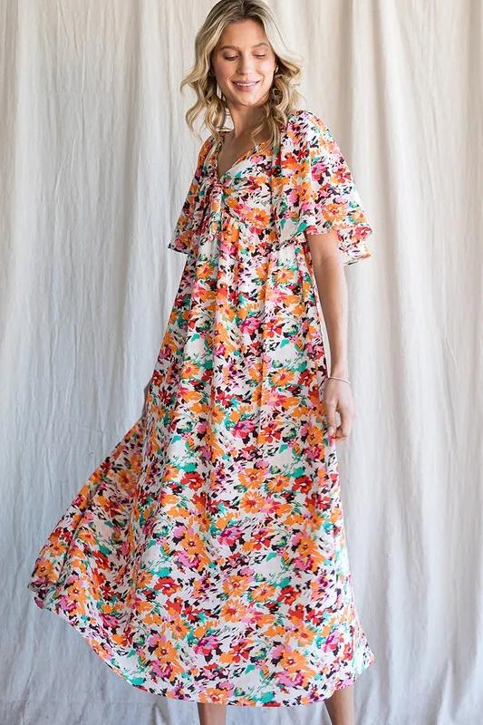 Floral Print Sweetheart Neck Tie Front Midi Dress, image 3