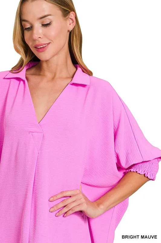 Airflow Collar Tee with Smocked Sleeve Band Top, image 4