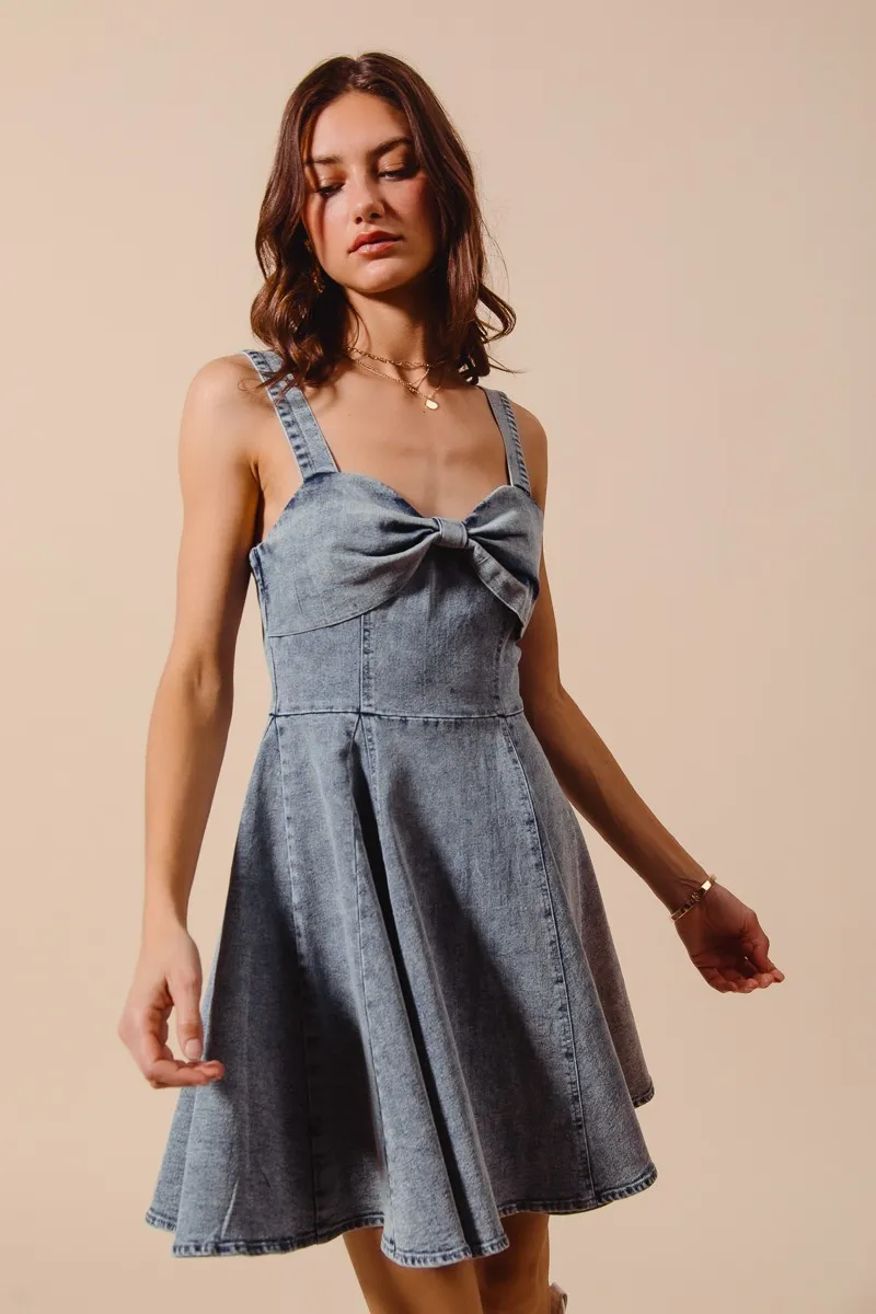 Mineral Washed Bow Ribbon Denim Flare Dress, image 4