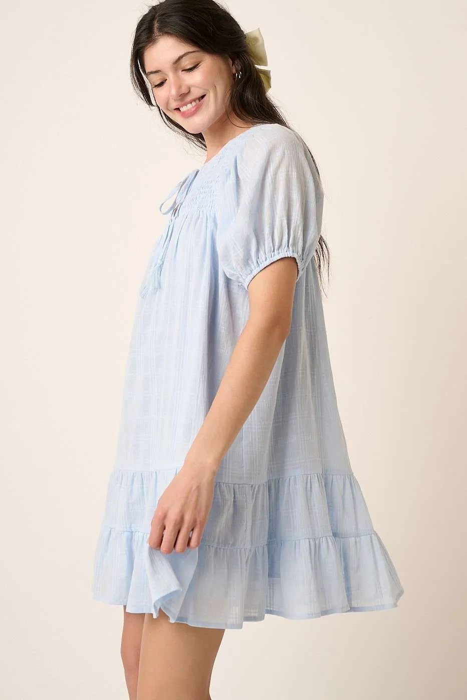 Tassel Tie Plaid Gauze Short Sleeve Mini Dress, image 2