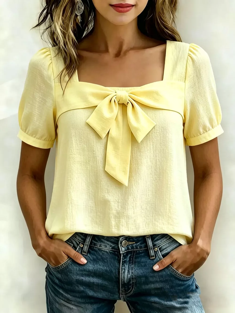 Bow Tie Square Neck Puff Sleeve Blouse, image 5