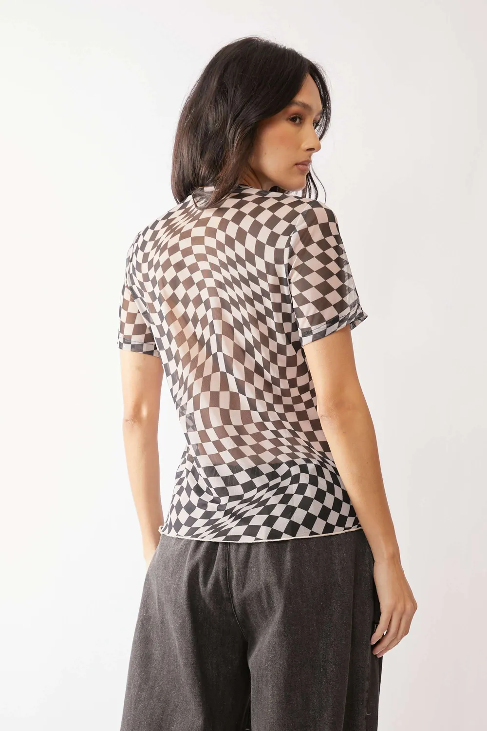 Checker Board Printed Mesh Short Sleeve Top, image 3