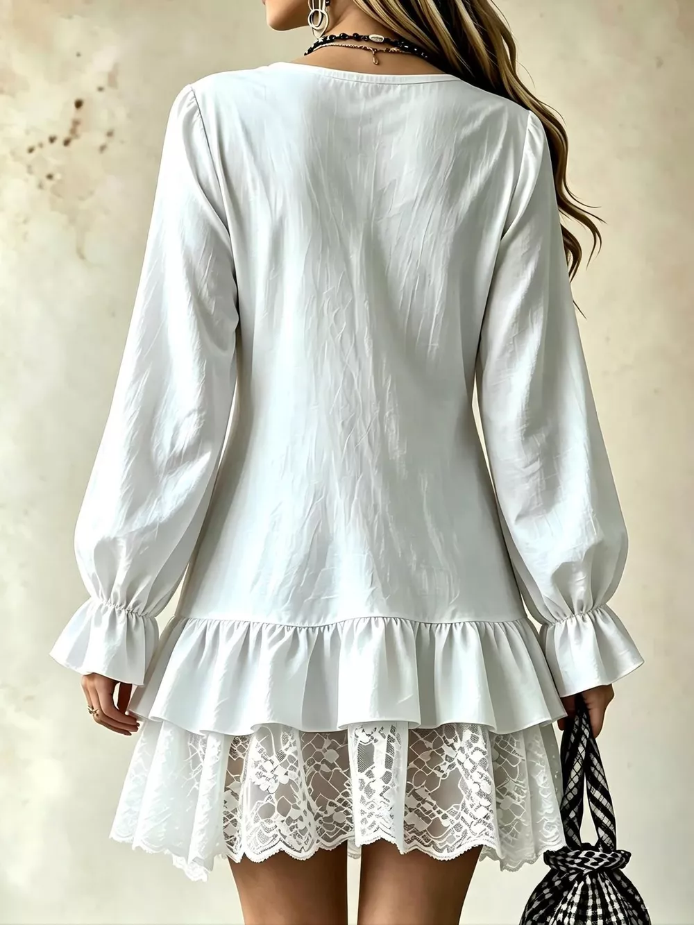 Lace Hem V-Neck Flounce Sleeve Dress, image 3