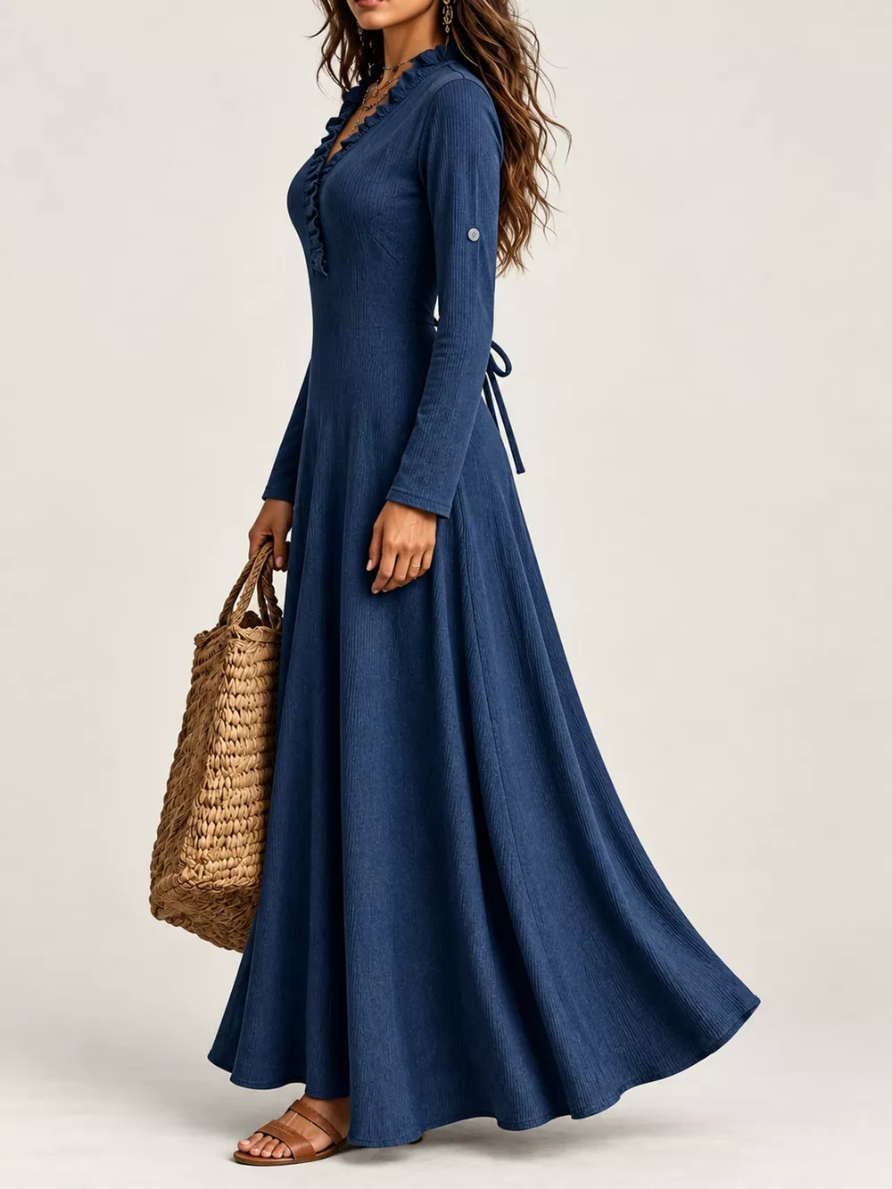 Full Size Frill Roll-Up Sleeve Maxi Dress Plus Size, image 28