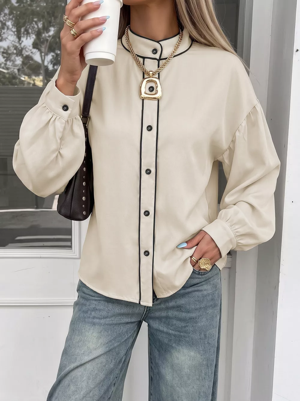 Contrast Trim Long Sleeve Shirt, image 2