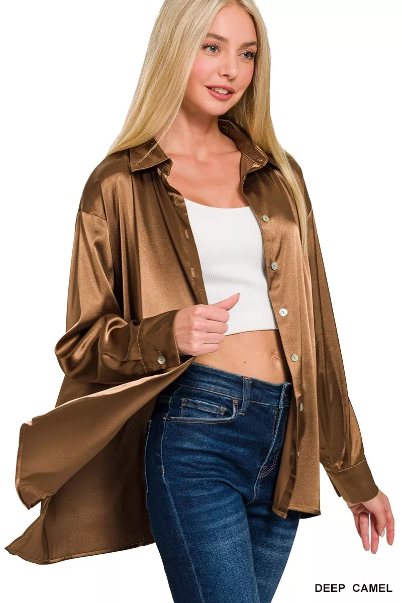 Satin Button Down Long Sleeve Shirt, image 2