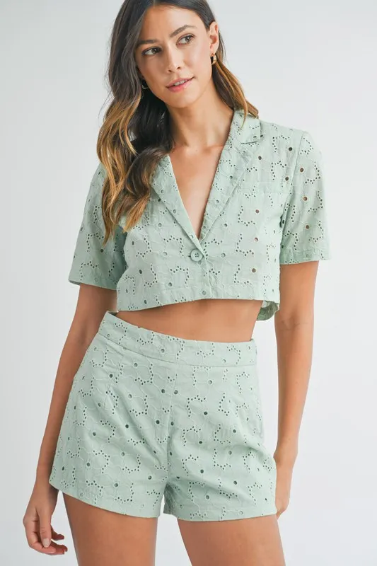 Eyelet Short Sleeve Crop Top and Shorts Set, image 2