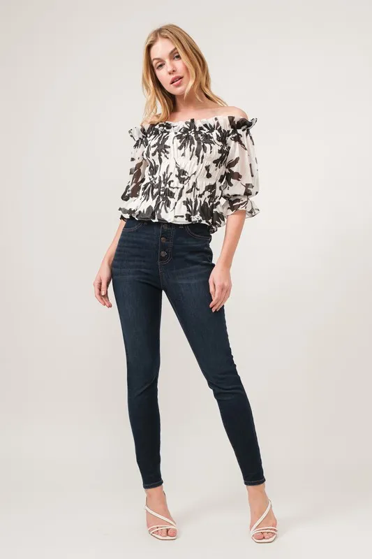 Smocked Off-Shoulder Floral Printed Top, image 5