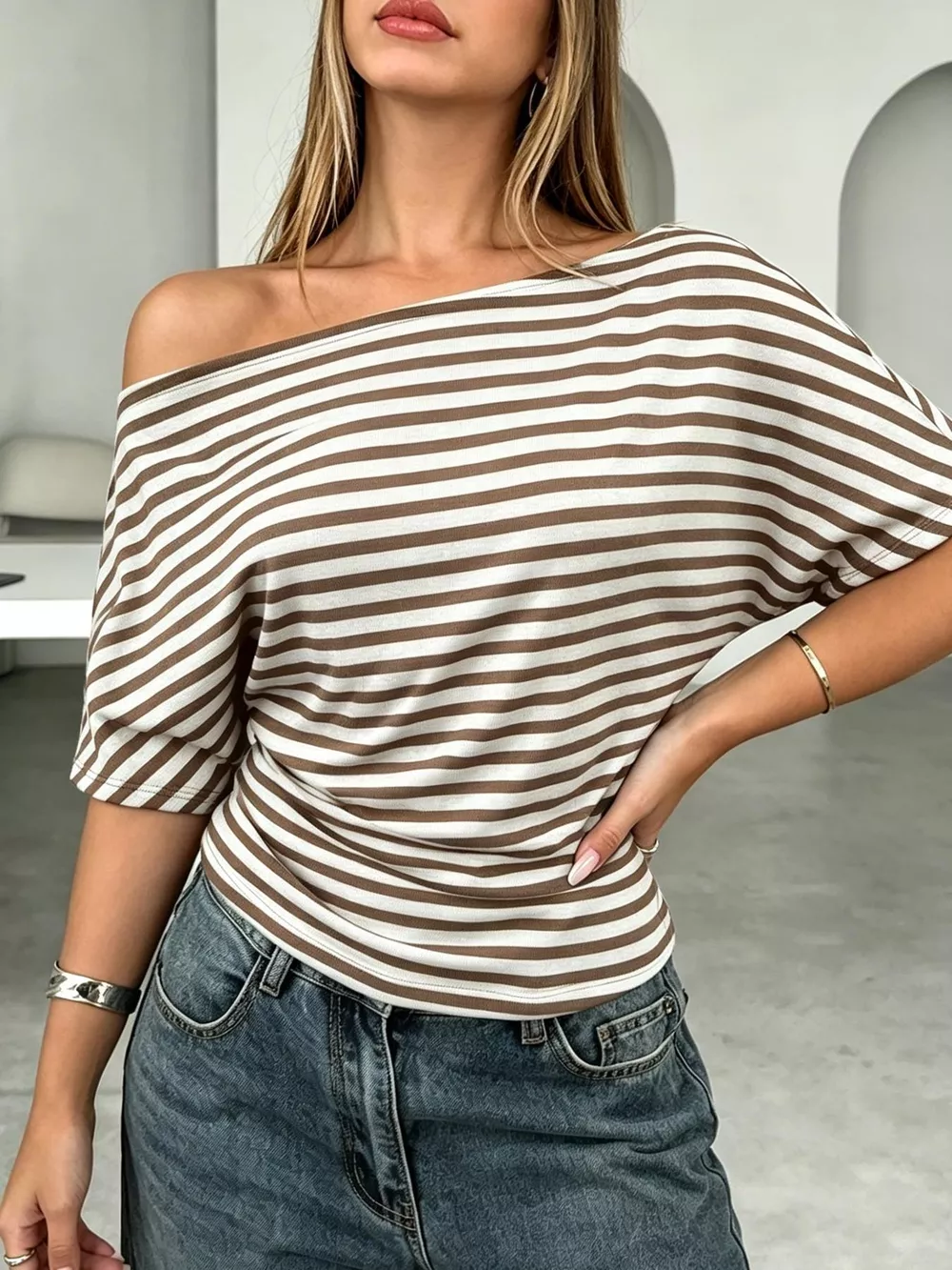 One Shoulder Striped Dolman Sleeve T-Shirt, image 7