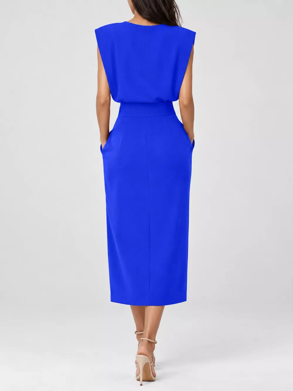 Sleeveless Midi Dress with Gold Button Detail and Side Slit, image 43