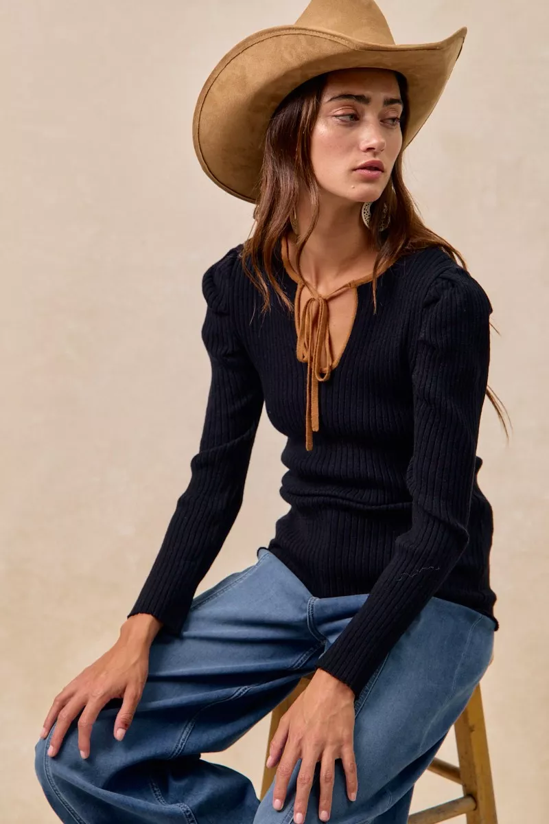 Ribbed Contrast Front Tied Top with Shrried, image 8
