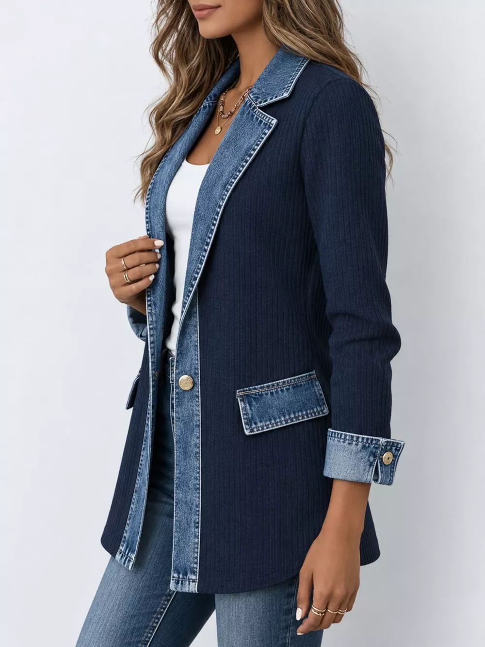 Full Size Denim Trim Ribbed Knit Cardigan Plus Size, image 28