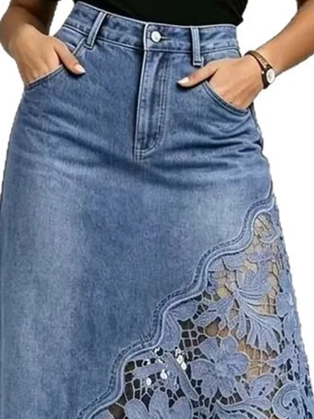 Full Size High-Waisted Lace Denim Skirt Plus Size, image 8
