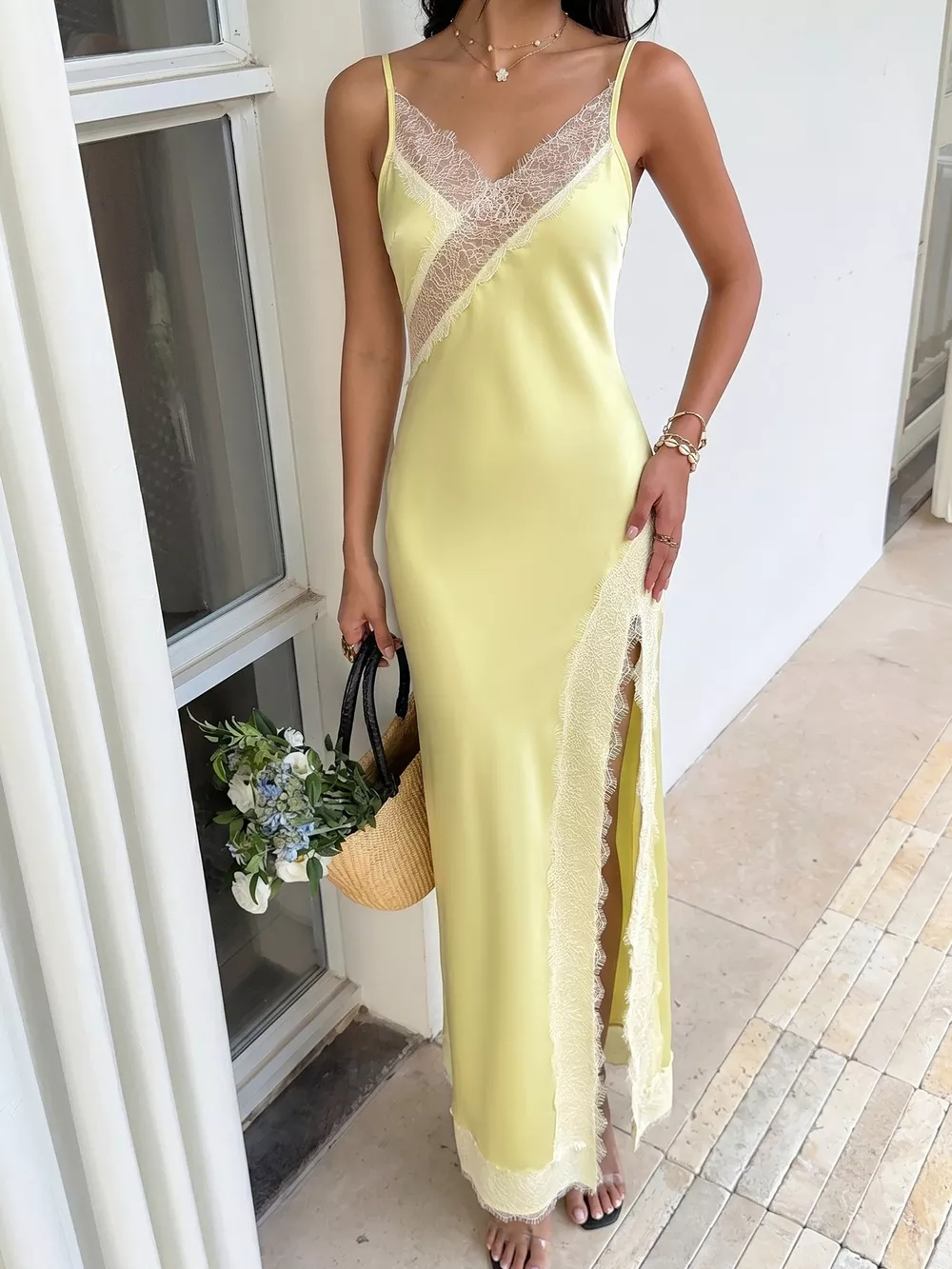 Lace Trimmed Slit Midi Dress, image 4