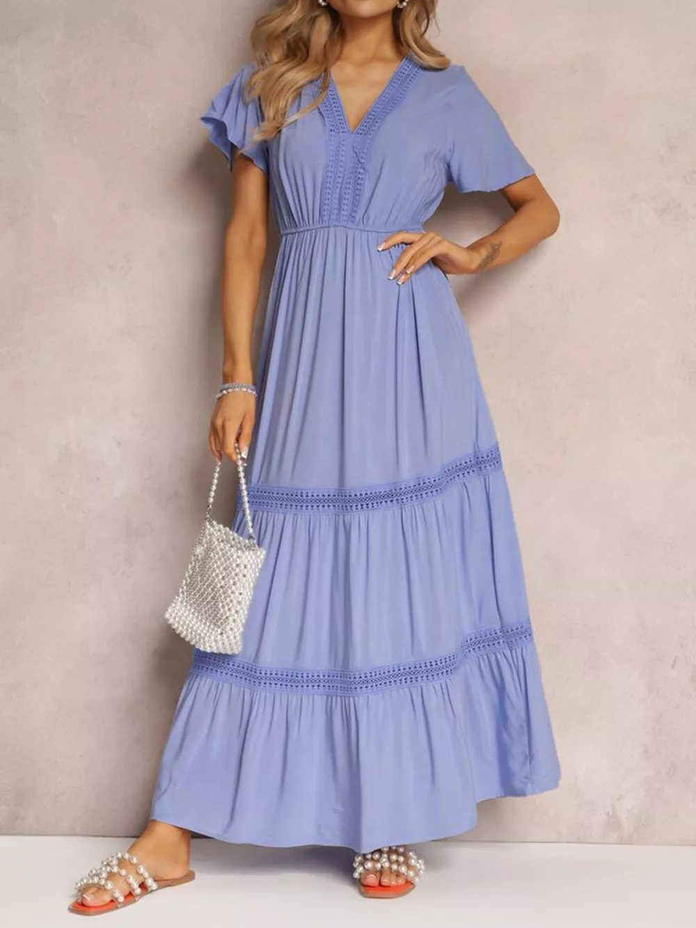 V-Neck Short Sleeve Tiered Maxi Dress