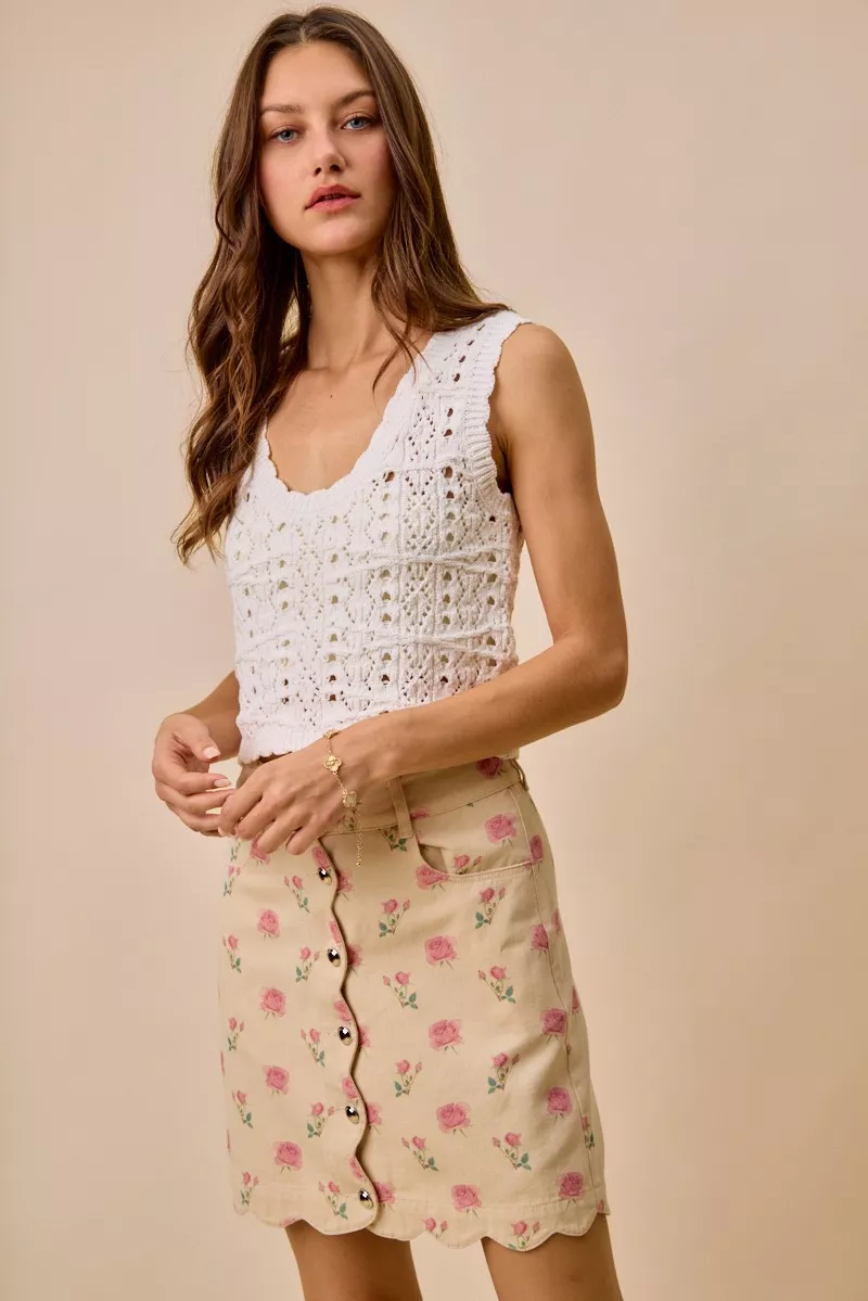 Floral Rose Print Cotton Twill Scallop Mini Skirt, image 5