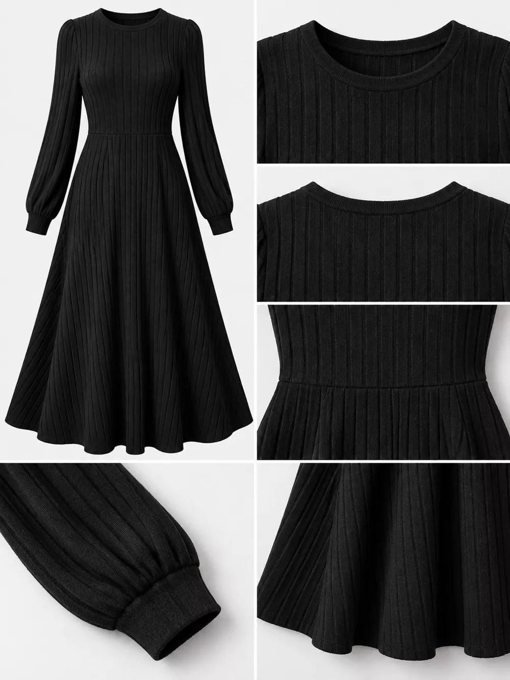 Ribbed Knit Long Sleeve A-Line Midi Dress, image 7