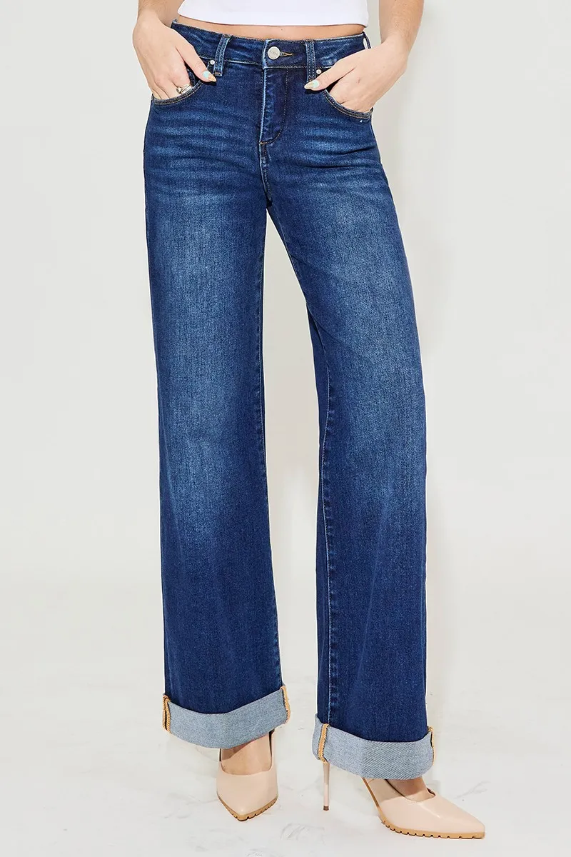 Full Size Tummy Control High Rise Wide Leg Cuffed Jeans Plus Size