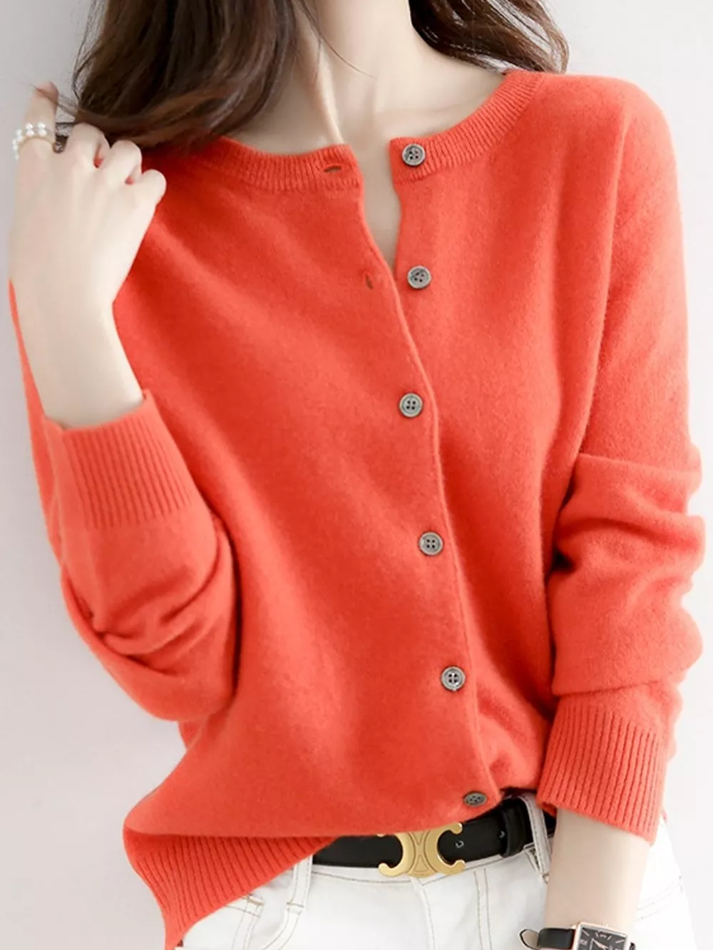 Crew-Neck Button-Down Cardigan, image 34