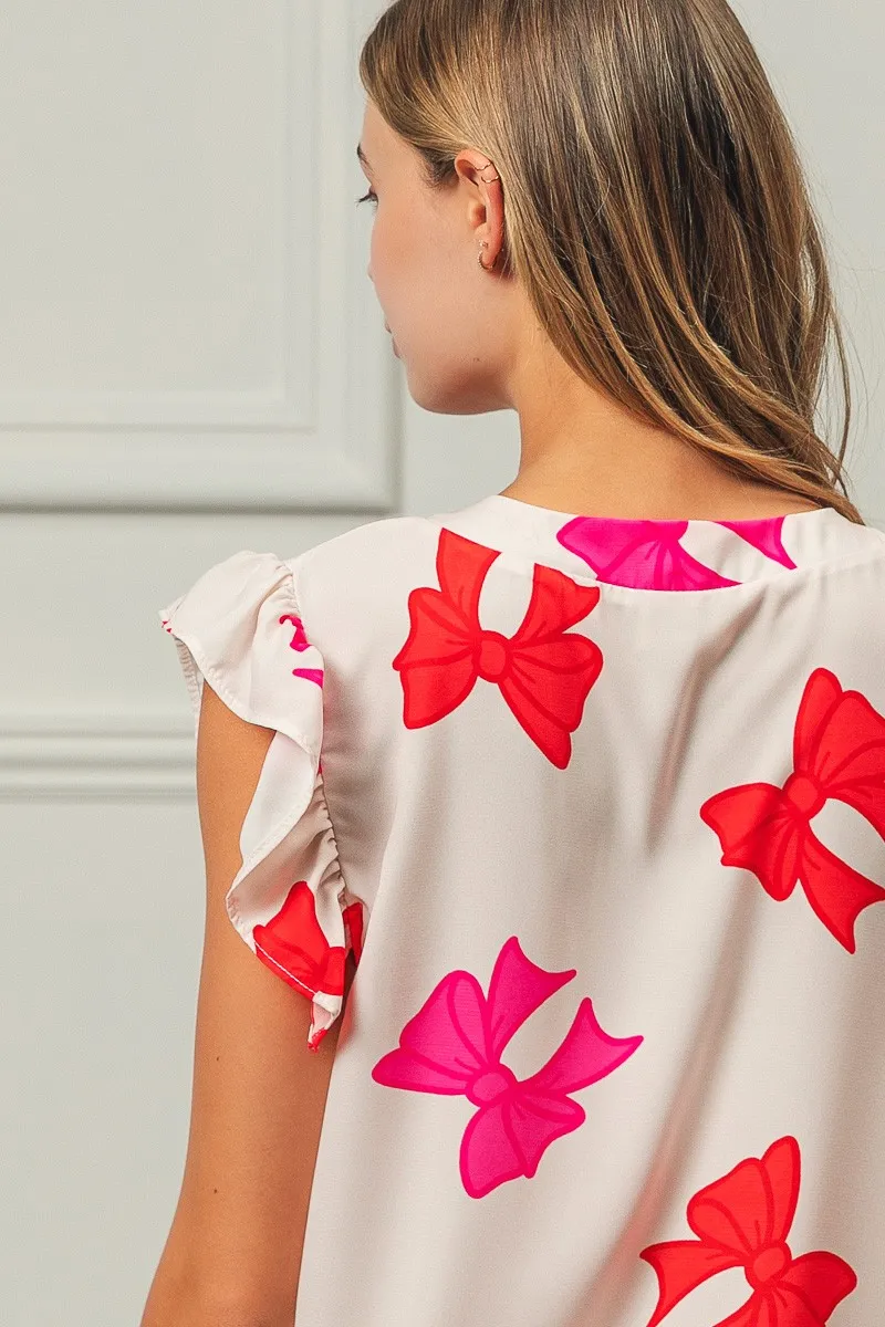 Bow Printed Woven Ruffled Sleeves V Neck Top, image 19