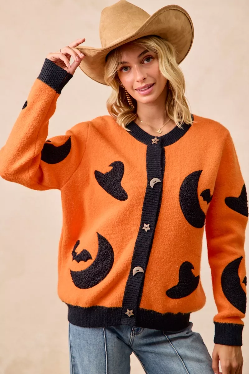 Halloween Witch Hat Moon Bat Artwork Cardigan, image 9