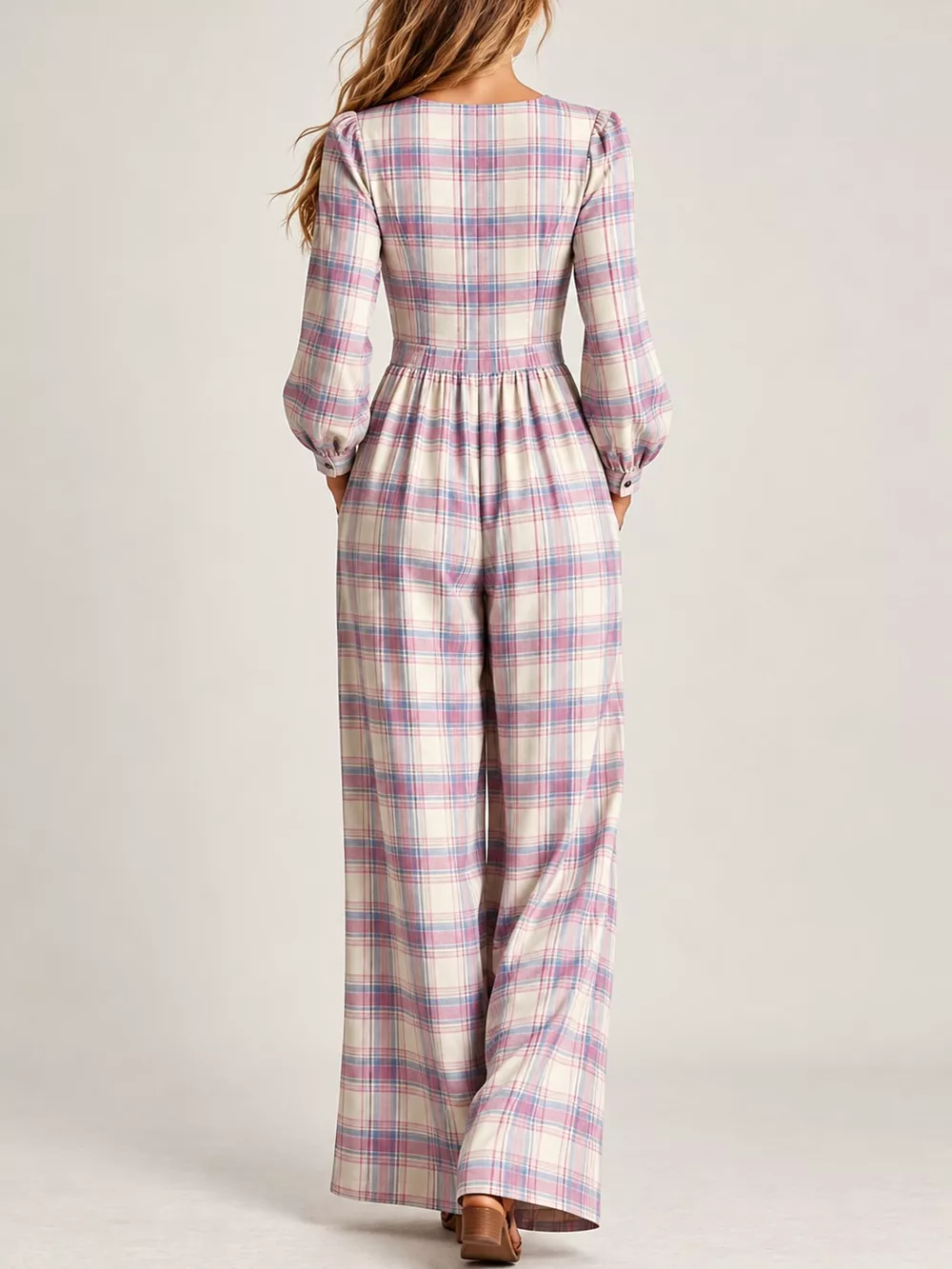 Plaid Square Neck Long Sleeve Wide-Leg Jumpsuit, image 22