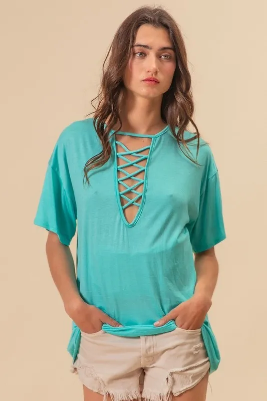 Jersey Knit Top with Criss Cross Front Neck Detail, image 4